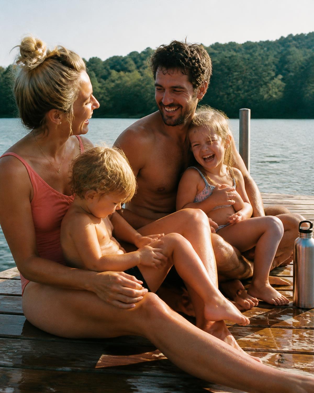 The Wellspring founders and their two kids laughing together on a sunlit lake dock