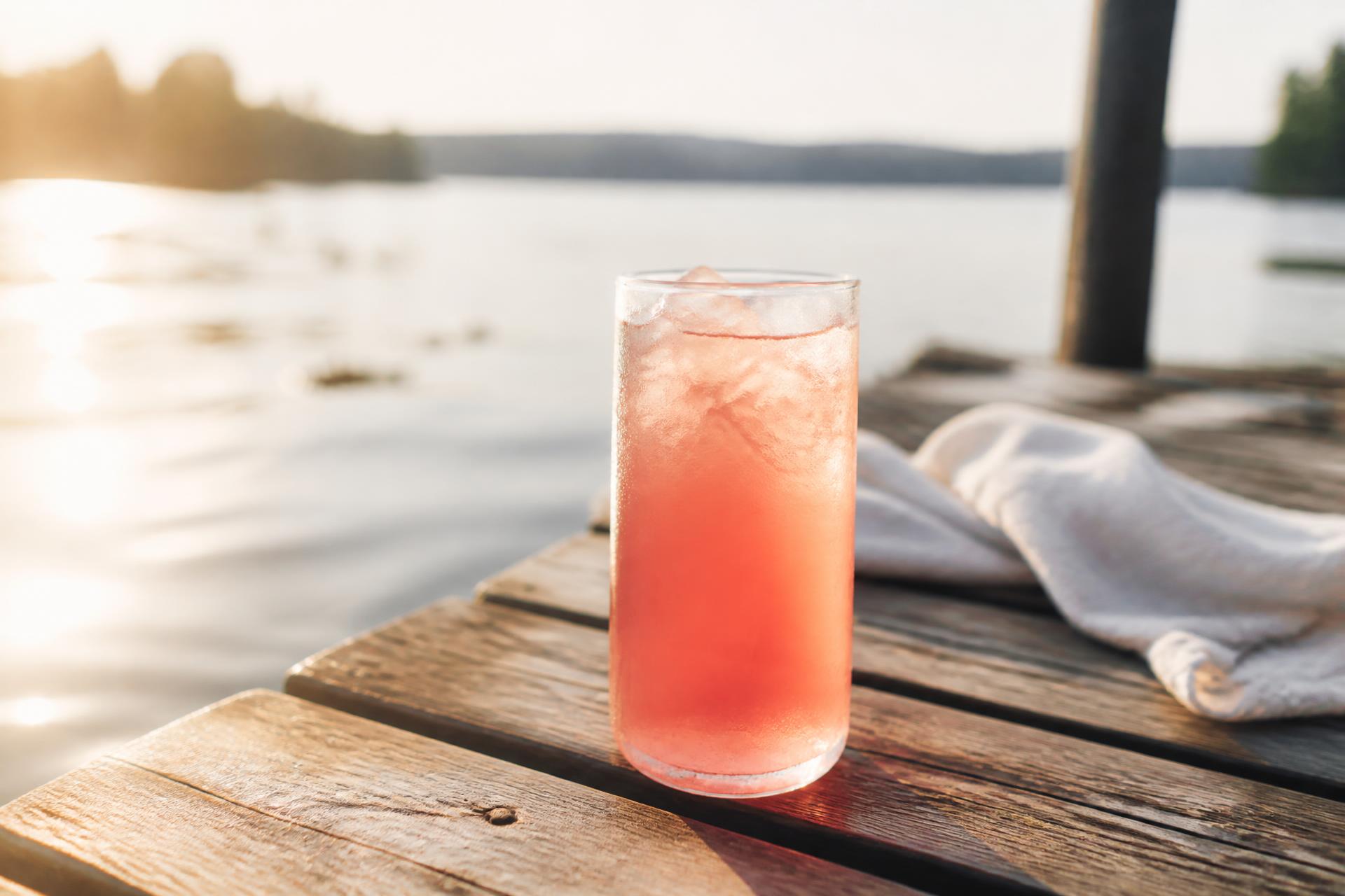 A glass of Wellspring Dragon Fruit electrolyte poured over ice on a sunlit dock